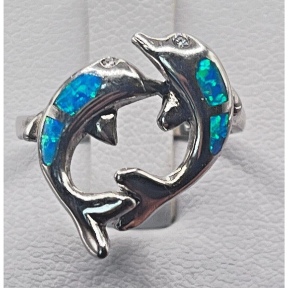 Vintage Sterling Silver Modernist 2 Dolphins Playing Wave Blue Opal Pendant - Picture 1 of 5